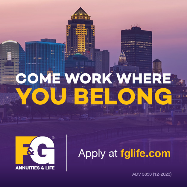 Magazine print advertisement for F&G featuring the Des Moines skyline and text that says Come Work Where You Belong